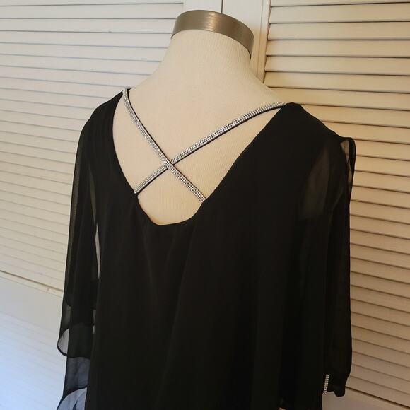 MSK Elegant Cocktail Black Maxi Dress Chiffon Shawl Bedazzled Neckline - Picture 3 of 7